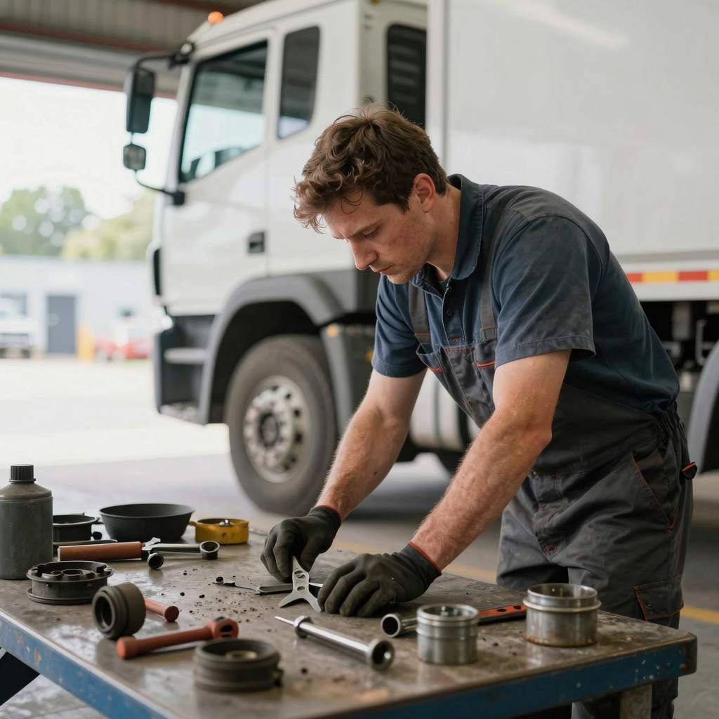 Mechanic working on a truck in a garage