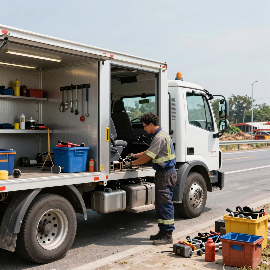 Mobile truck repair service in action, featuring a technician working on a roadside truck.