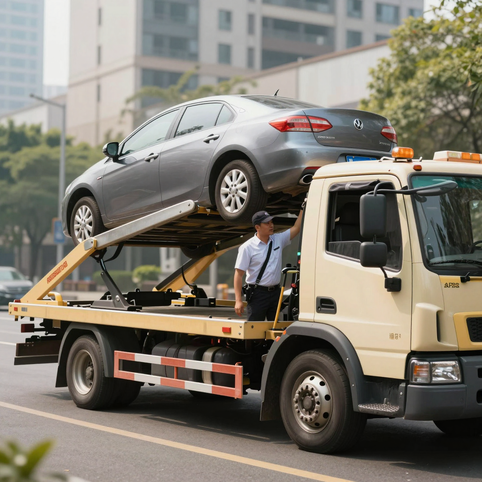 Tow truck repossessing a vehicle