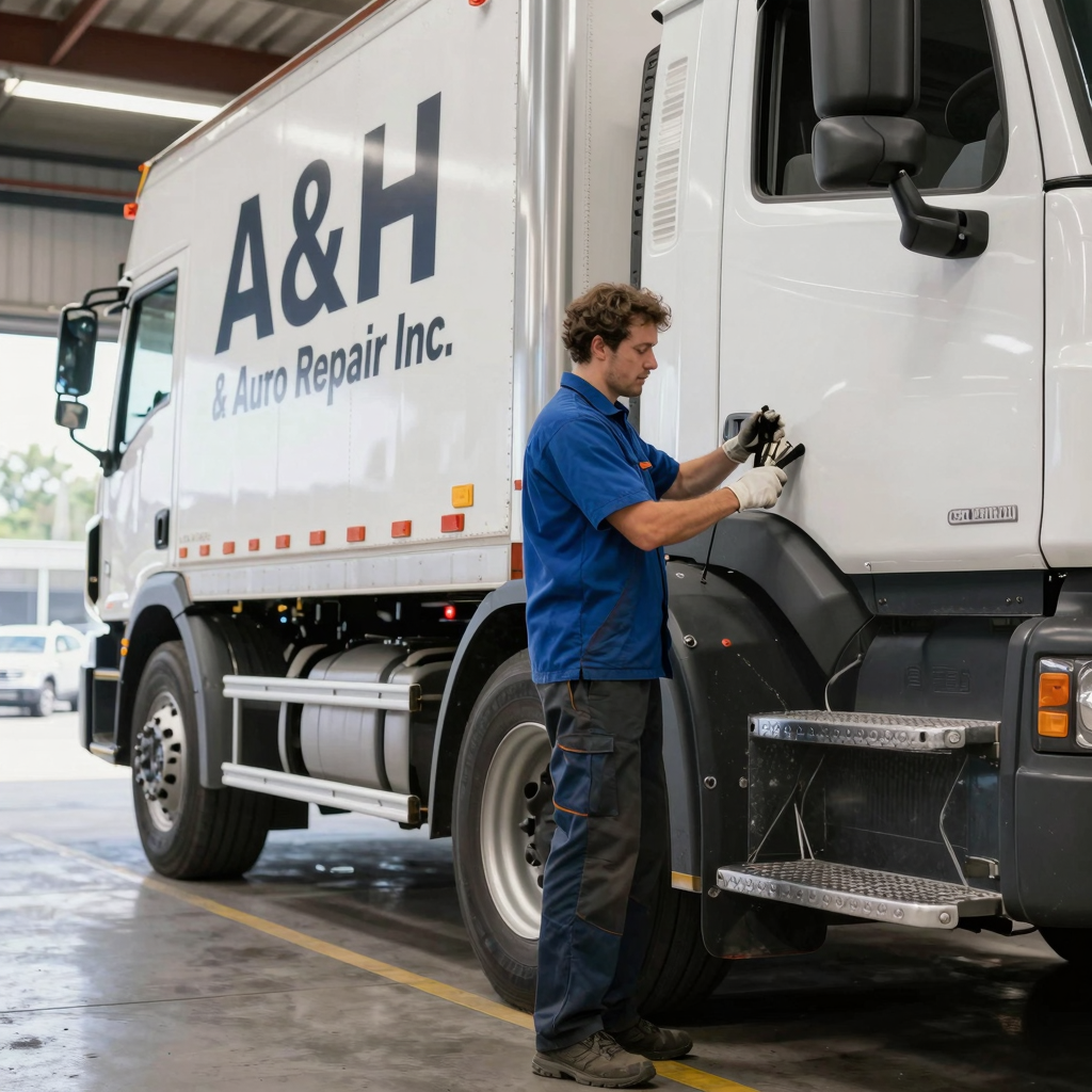 A service technician from A & H Truck & Auto Repair Inc. working on a large truck in a workshop