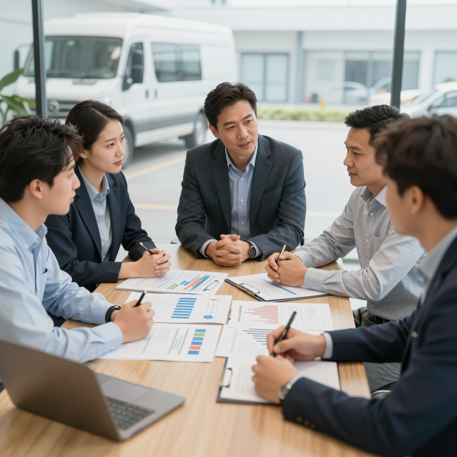 Fleet managers discussing strategies over a meeting table