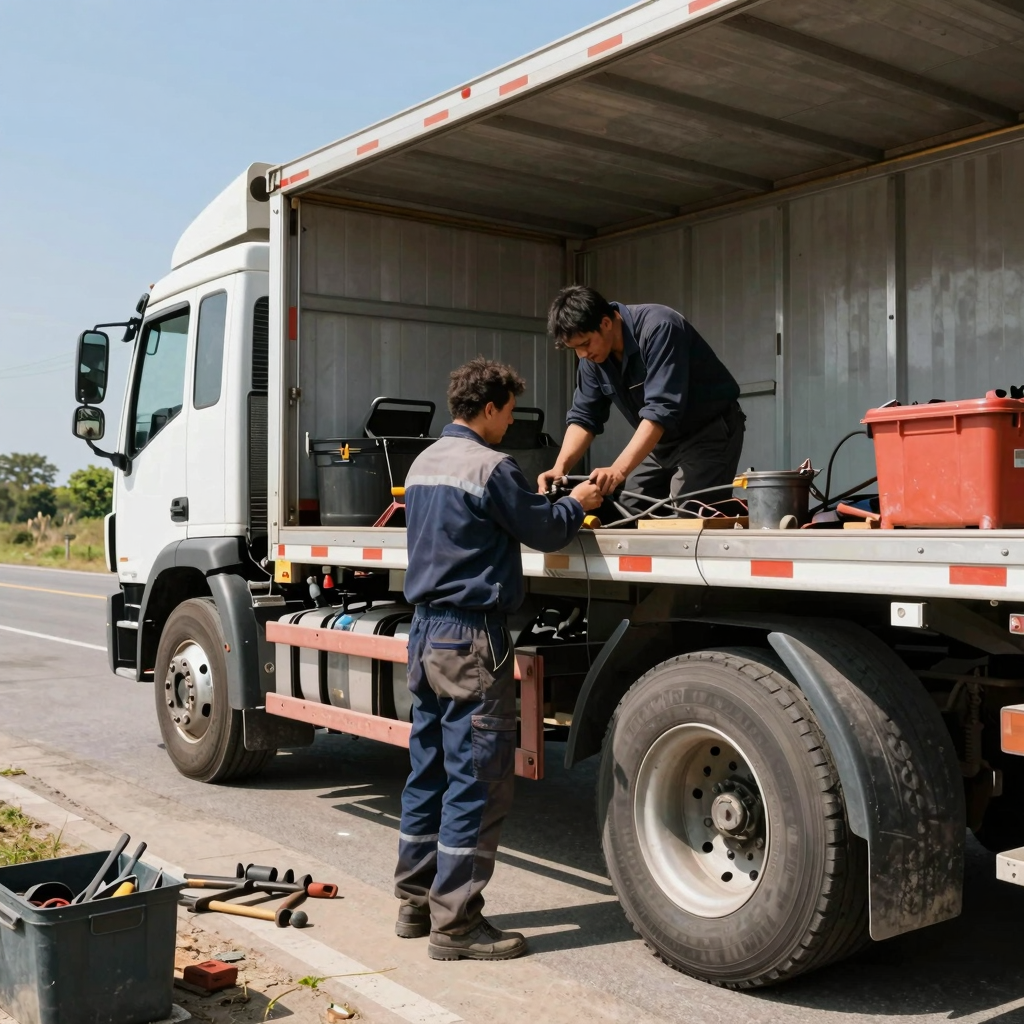 Technician performing mobile truck repair