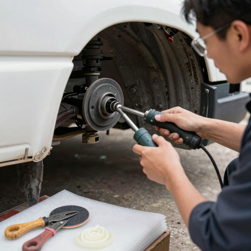 Technician repairing a truck pit