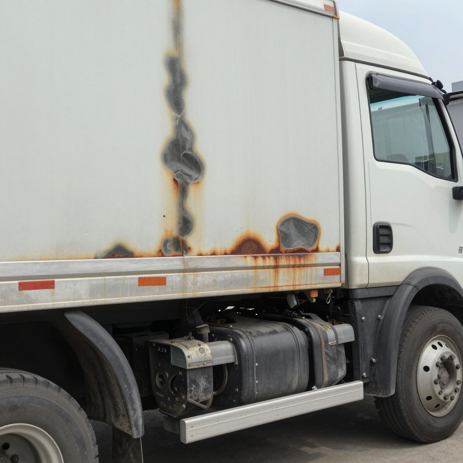 Truck with visible body pits requiring repair