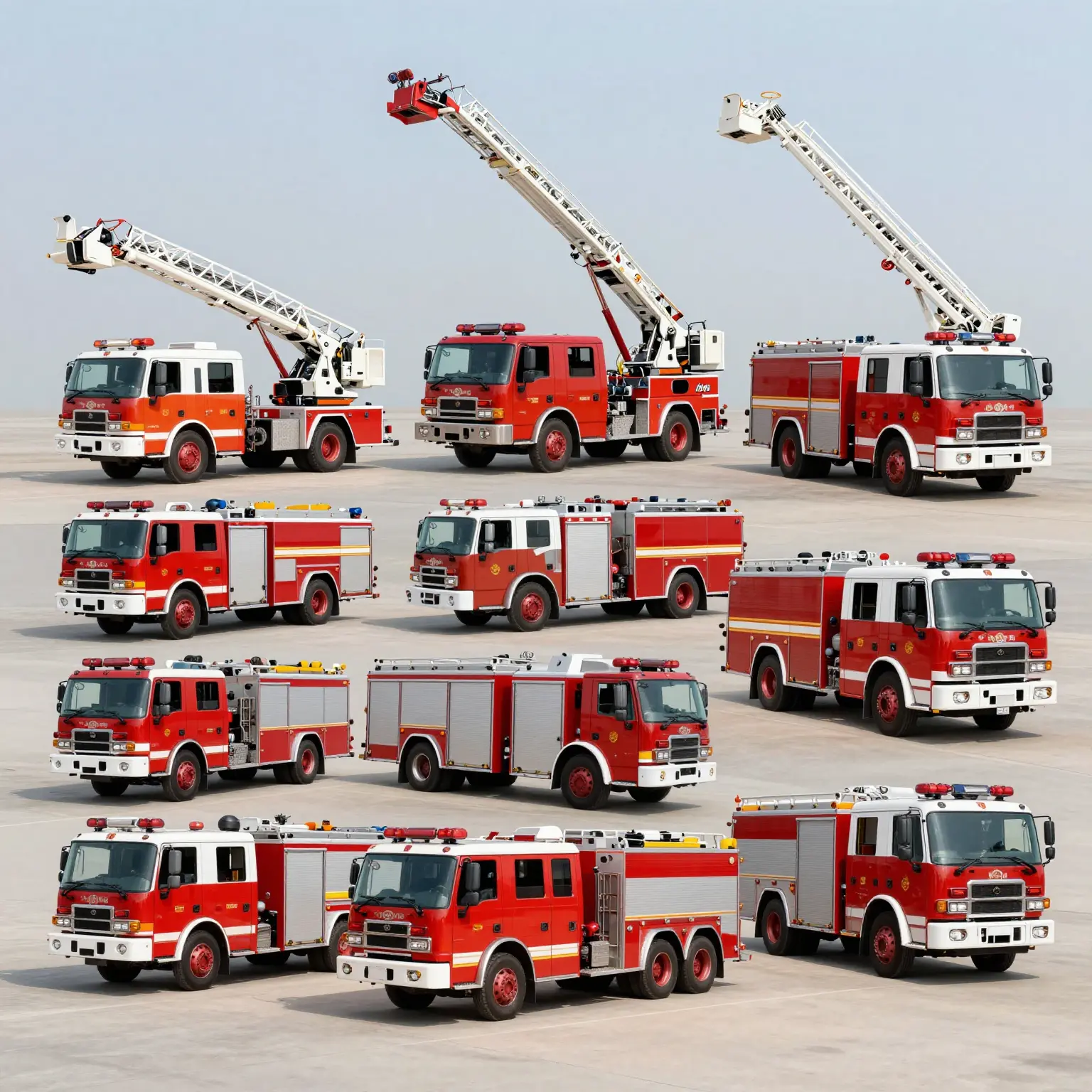 Diverse collection of fire trucks showcasing different models including aerial ladder trucks, pumper trucks, and tankers.