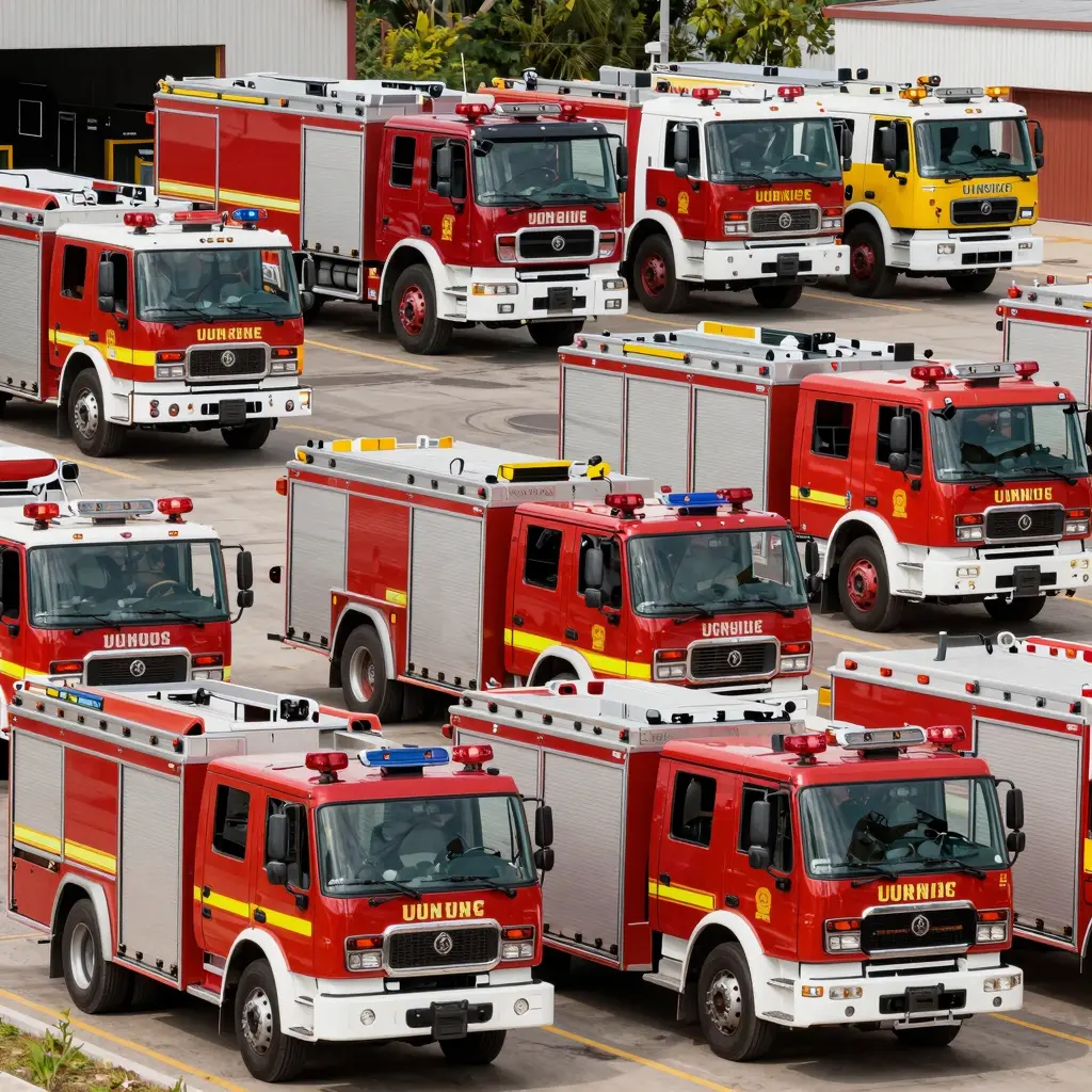 An array of municipal fire trucks emphasizing their unique features and structures.