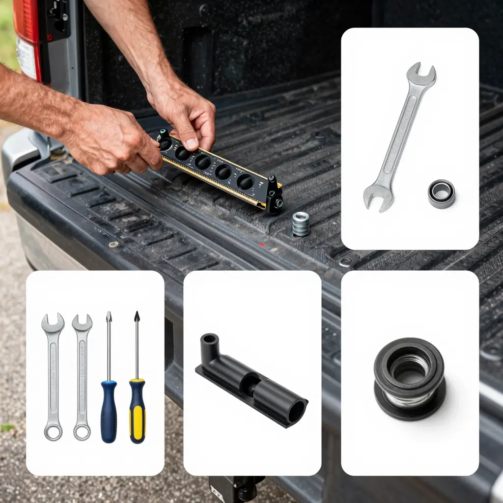 Step-by-step guide visual illustrating tailgate bushing repair