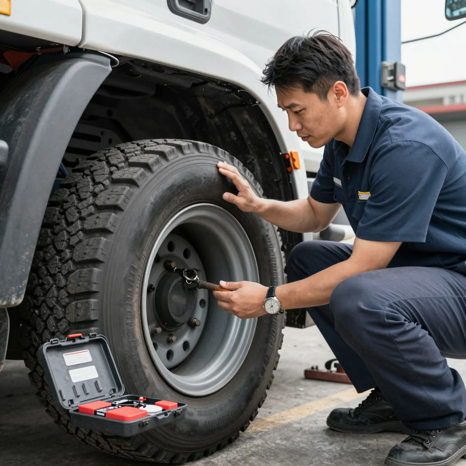 Professional fleet manager inspecting a truck tire