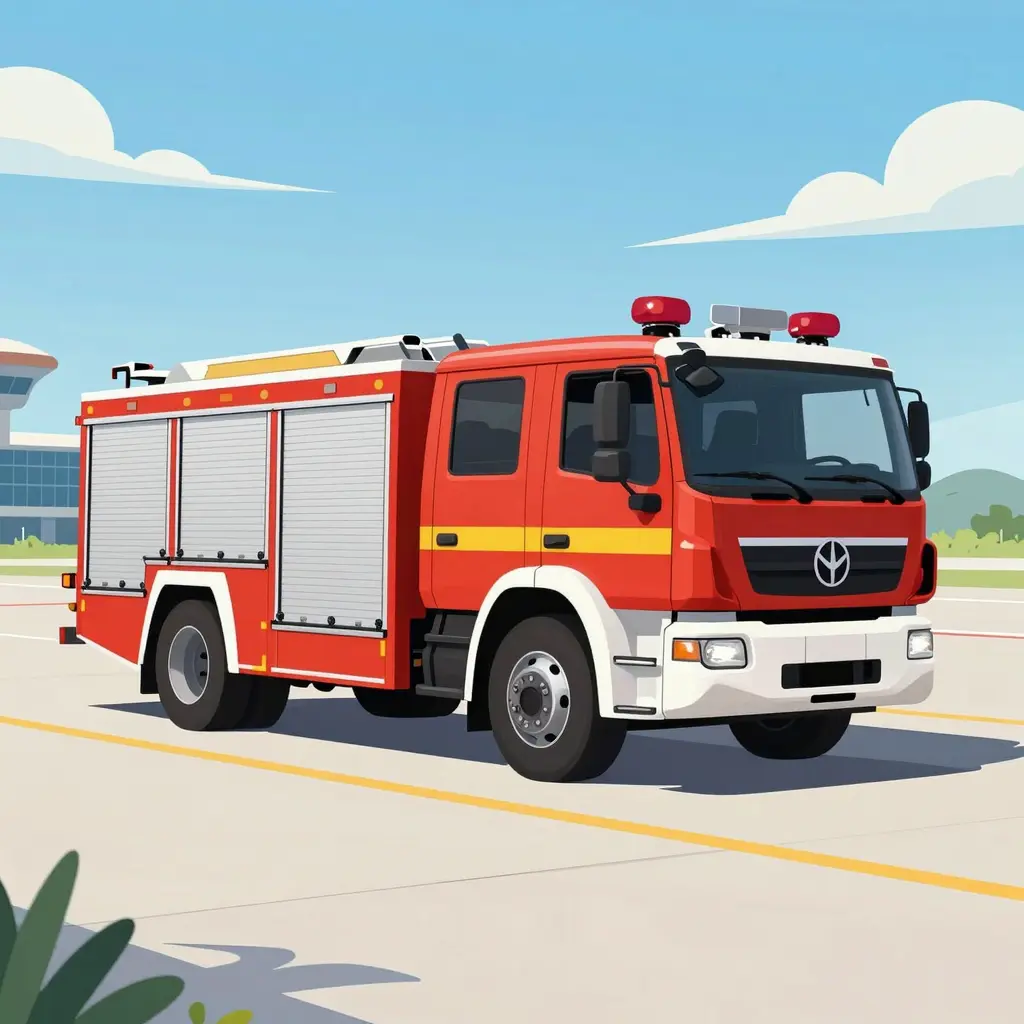 An image showing a modern airport fire truck in action showcasing advanced technology and firefighting capabilities.