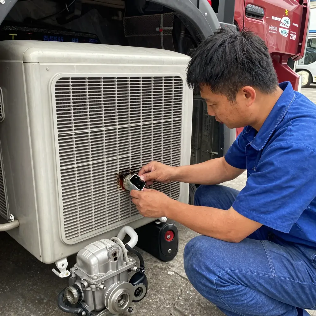 A professional mechanic working on a truck's air conditioning system, showcasing common A/C issues like refrigerant leaks and compressor failures in a workshop environment.