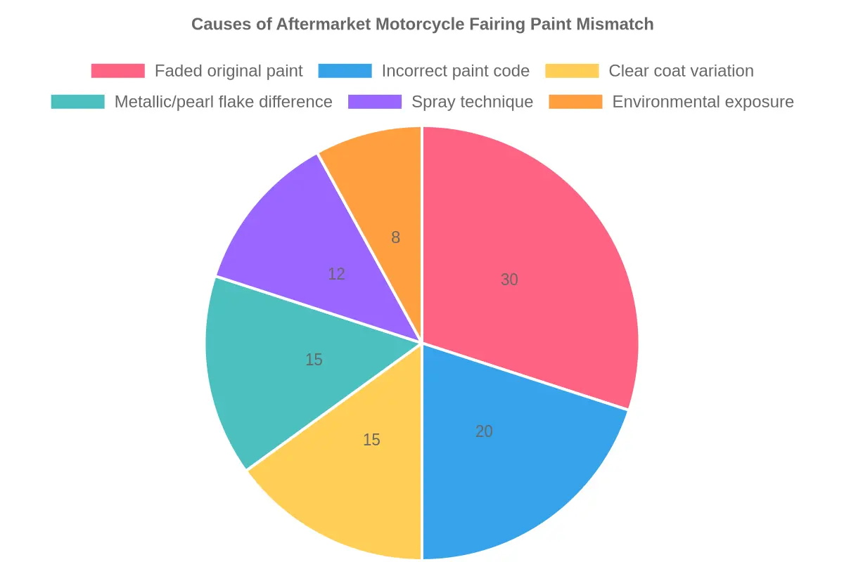 Pie chart showing the relative share of common causes behind aftermarket motorcycle fairing paint mismatch