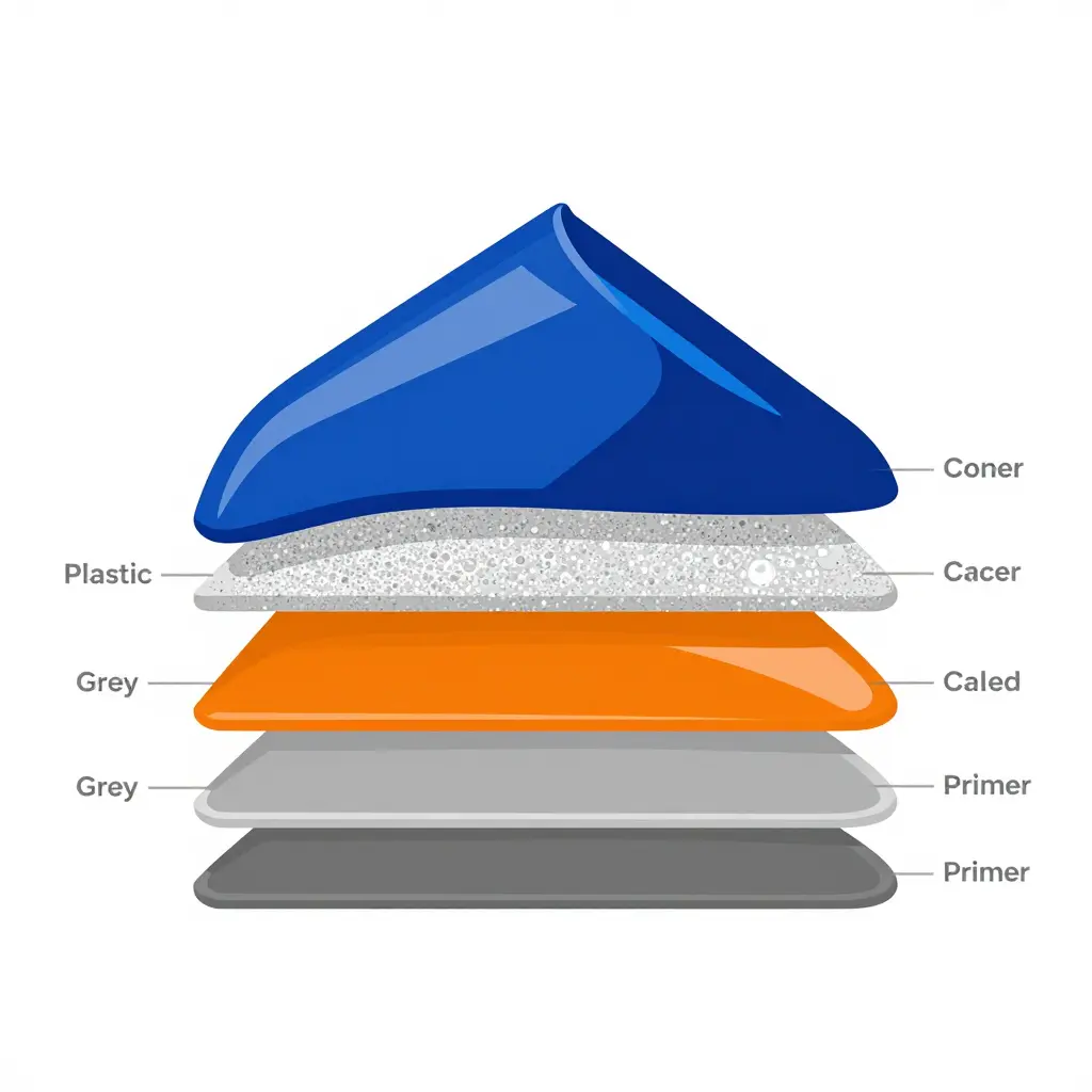 Cross-section diagram of a motorcycle fairing paint system showing the substrate, primer, base coat, pearl and metallic flake layer, and clear coat