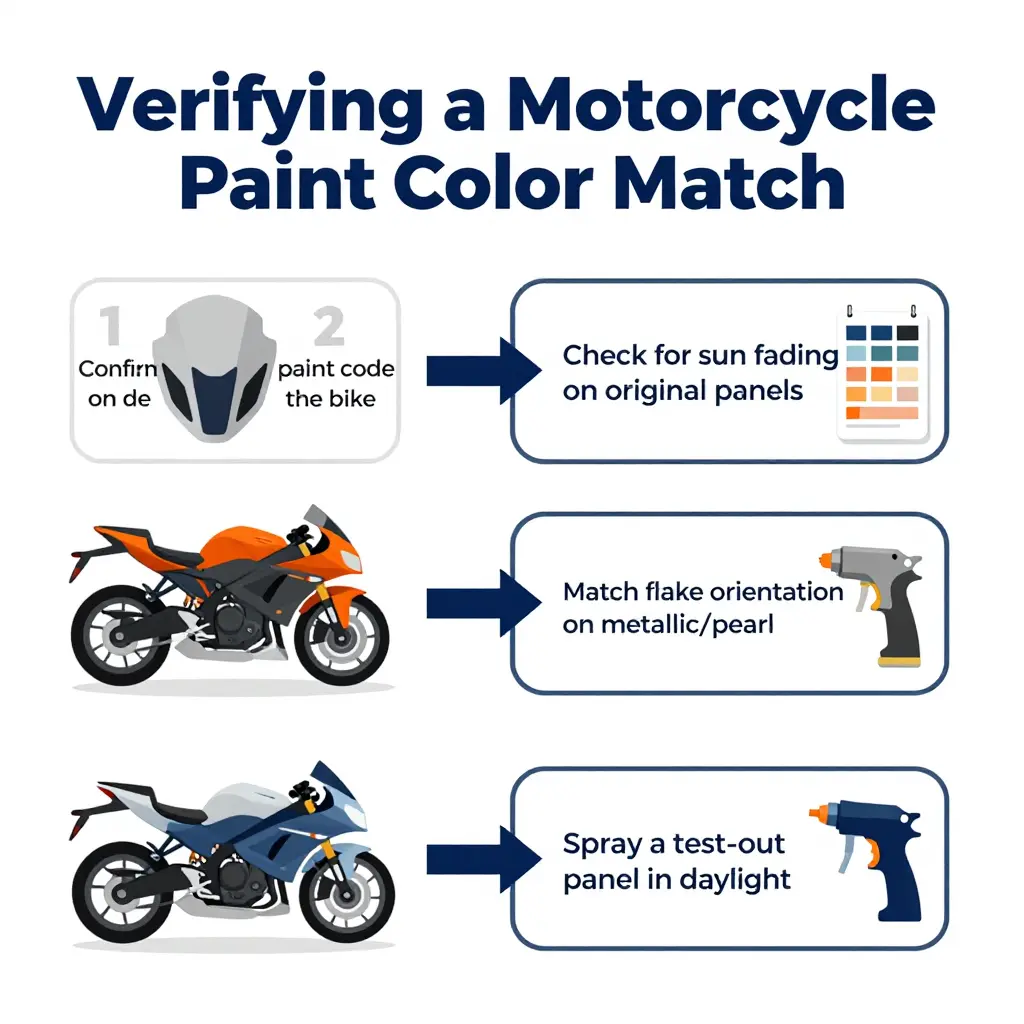 Step-by-step diagram showing how to verify a motorcycle paint color match, from checking the paint code to spraying a test-out panel in daylight