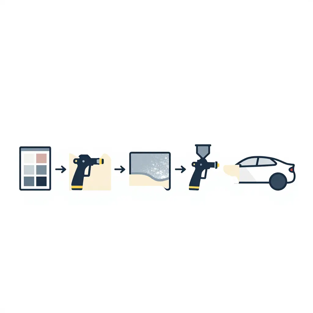 Simple 2D flow diagram of the paint color matching process: paint code lookup, base coat application, pearl or metallic layer, clear coat, and final color comparison against the original panel