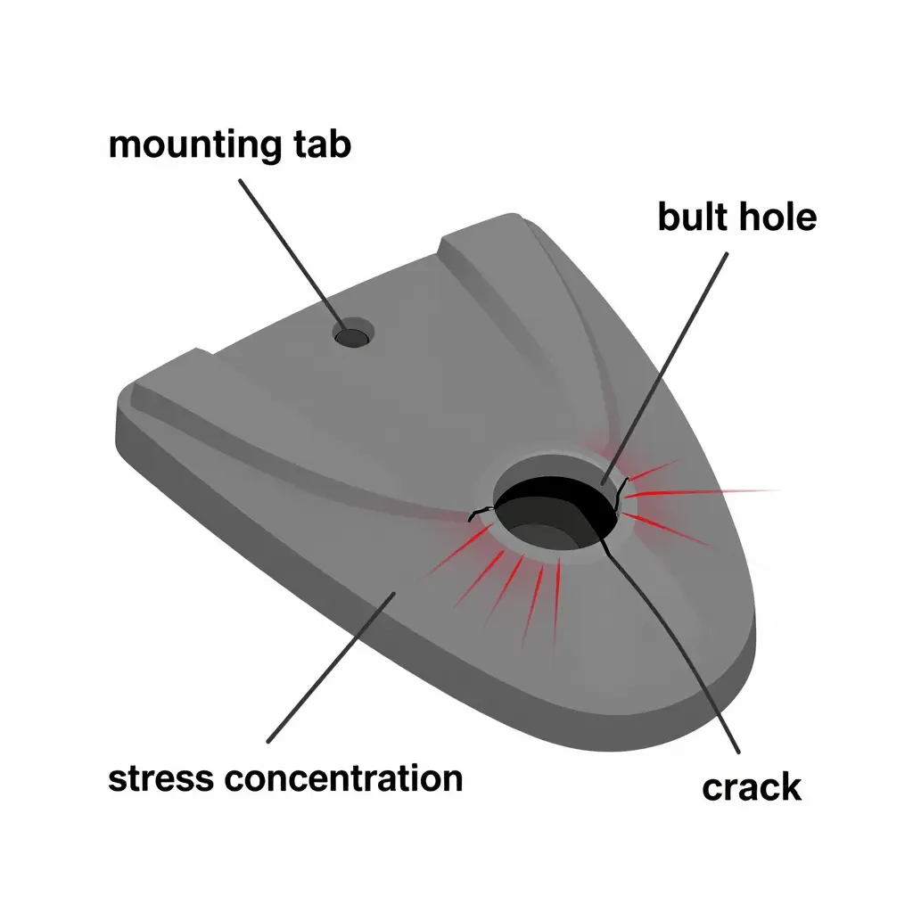 Diagram of a cracked motorcycle fairing mounting tab showing stress concentration around the bolt hole