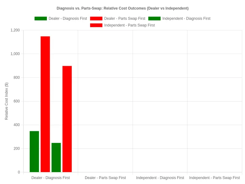 Bar chart comparing relative cost of diagnosis-first and parts-swap-first repairs at dealer and independent shops, showing diagnosis as the cheapest option in both settings