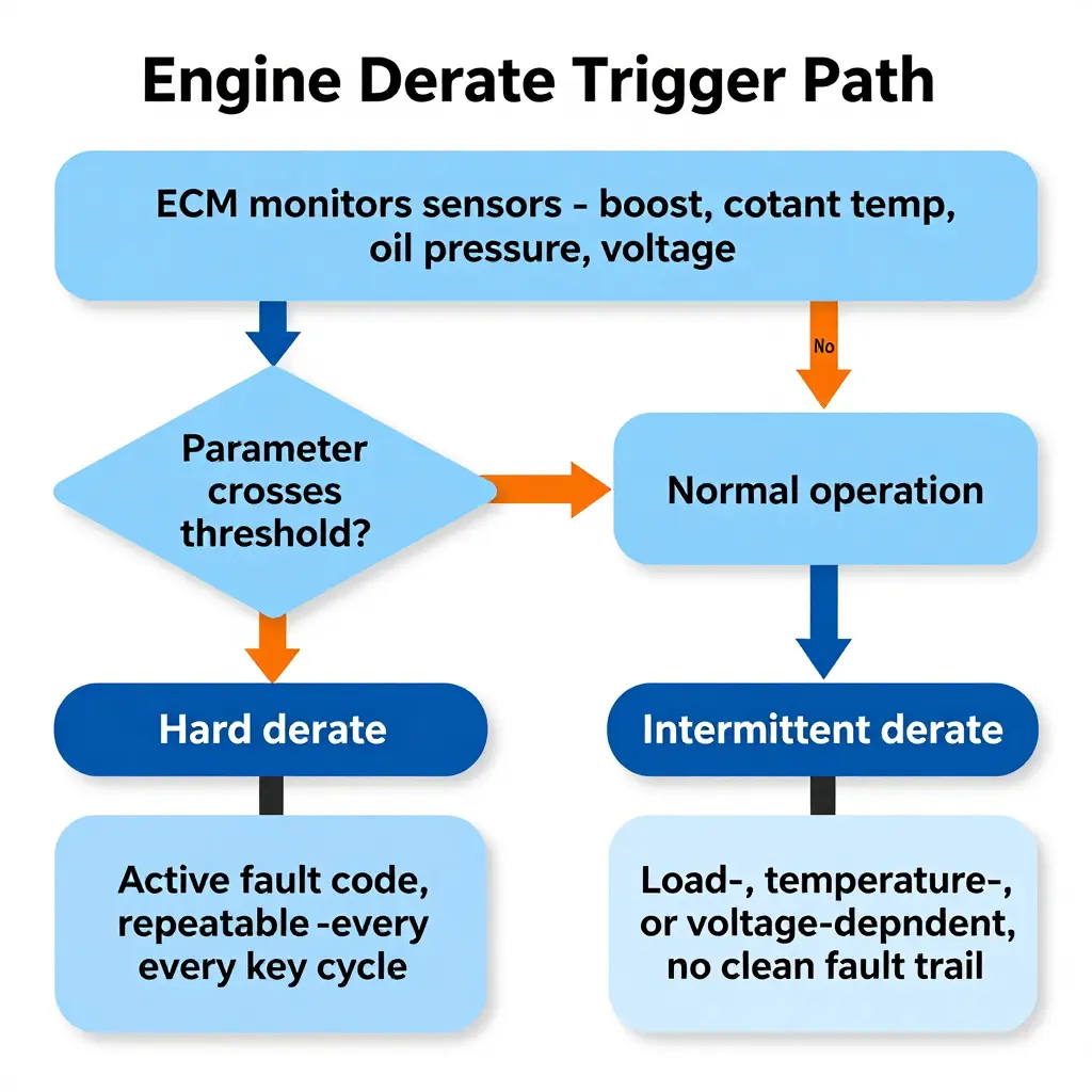 Flowchart showing the engine derate trigger path, from ECM sensor monitoring to a threshold decision, branching into hard derate and intermittent derate outcomes