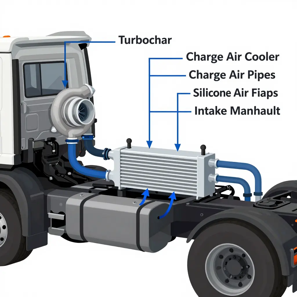 Diagram of the pressurized charge air path showing the turbocharger, charge air pipes, silicone boots, clamps, charge air cooler, and intake manifold