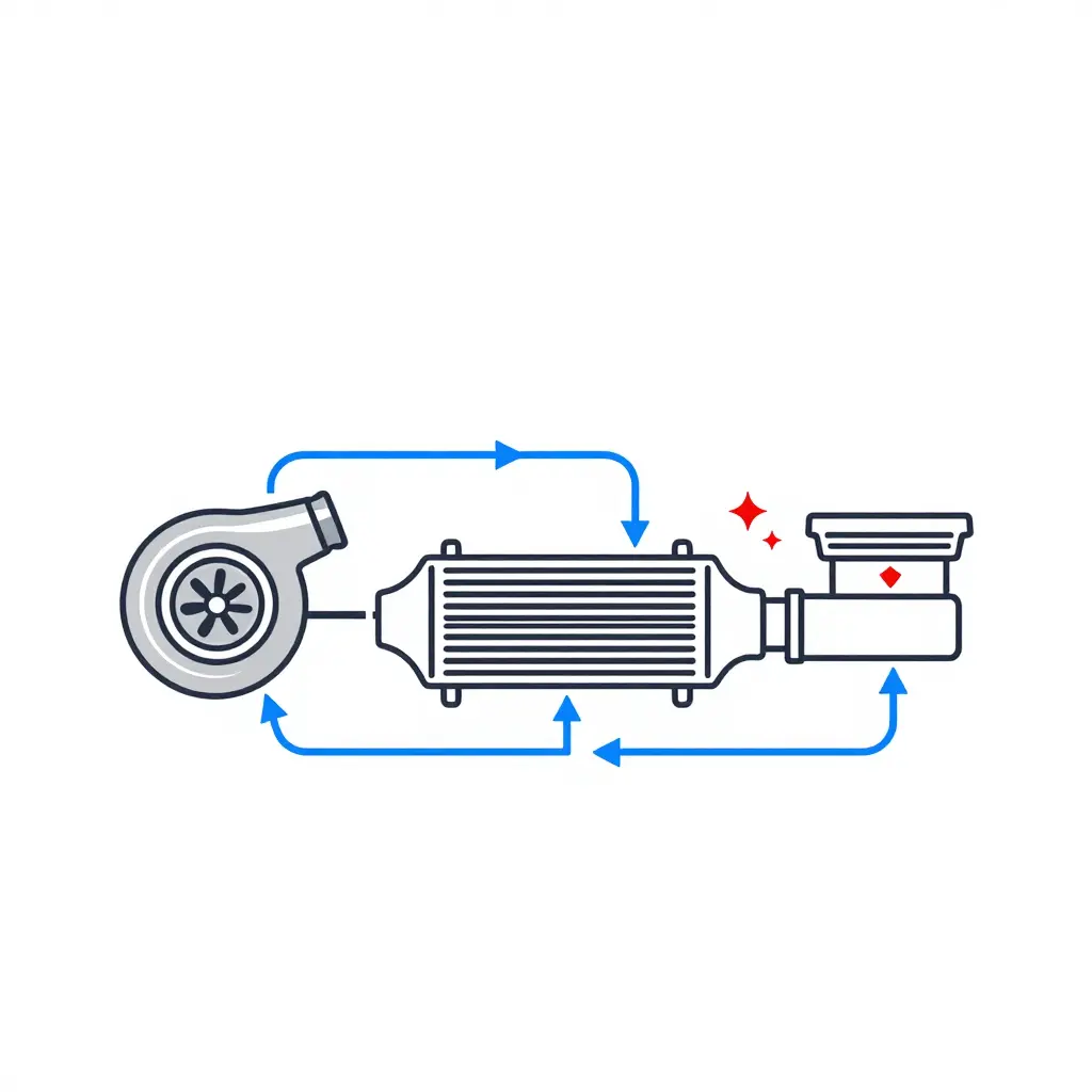 Simple two-dimensional schematic of the truck charge air system airflow path, showing the turbocharger, charge air cooler, and intake piping leading to the engine, with arrows indicating airflow and star symbols marking common leak points.