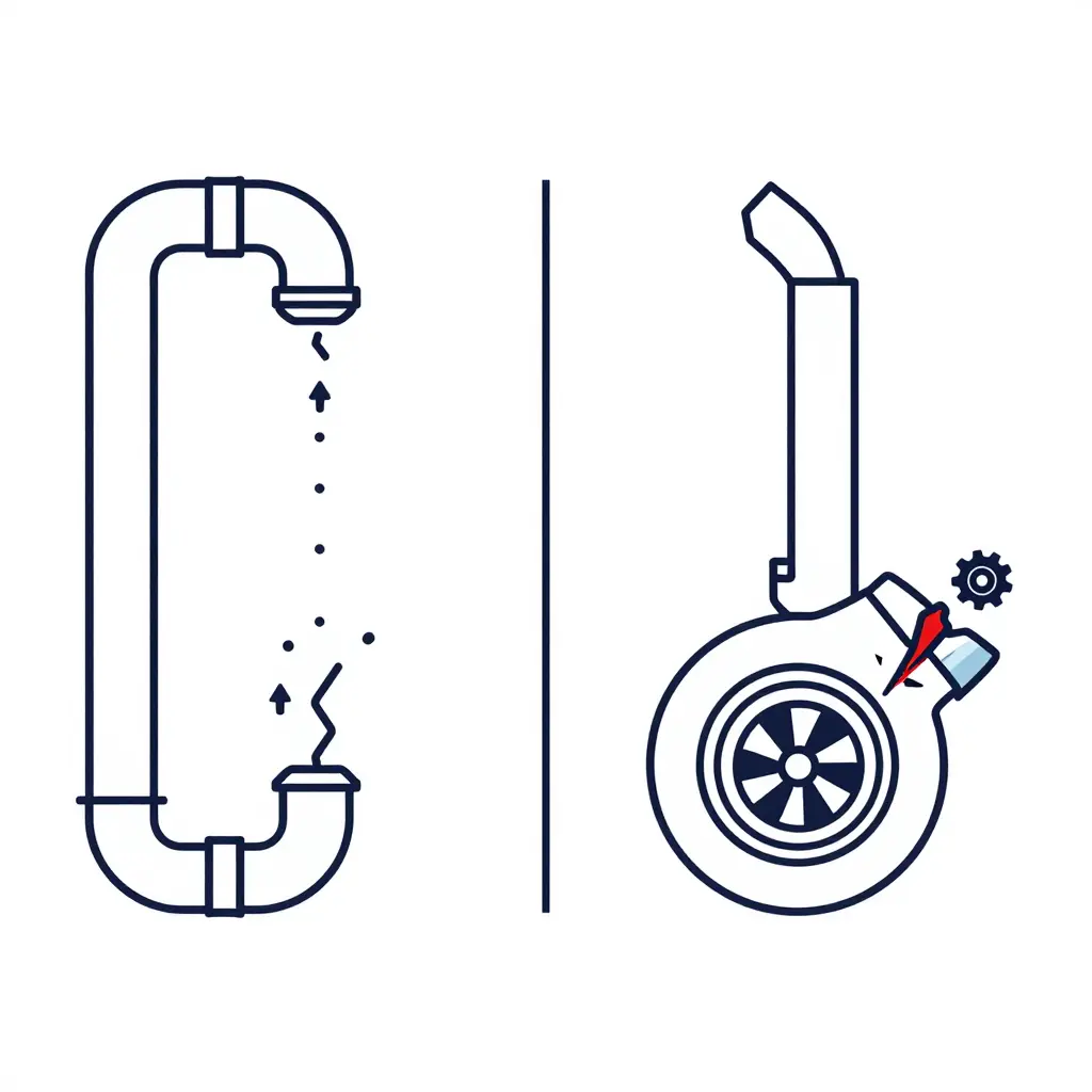 Two-dimensional vector diagram comparing a leaking charge air system on the left with a failed turbocharger on the right