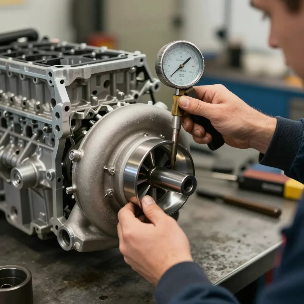 Diesel mechanic measuring turbocharger shaft play with a dial indicator