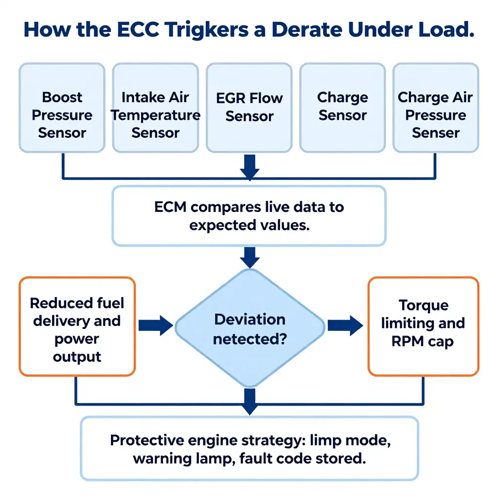 Flowchart showing how the engine control module monitors boost pressure, intake, EGR, and charge air data, then triggers a derate under load through reduced fuel delivery and torque limiting